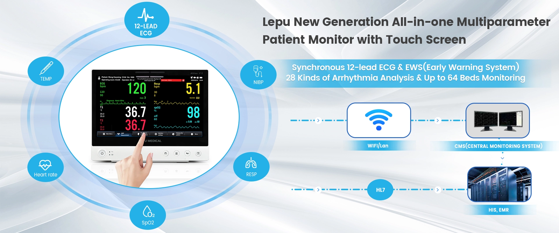 Lepu Medical AiView V12 Portable All-in-one Vital Signs Monitor AI Analysis Diagnosis Multiparameter Patient Monitor with Touch Screen for Hospital ICU Clinical Home